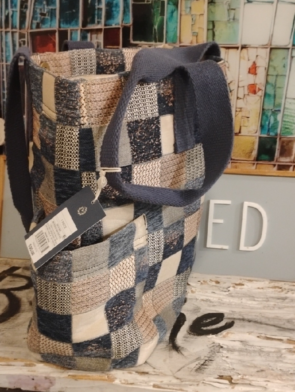 Universal Thread NWT Women’s Woven Check Tote Bag in Blue and Cream Patchwork - Picture 6 of 9